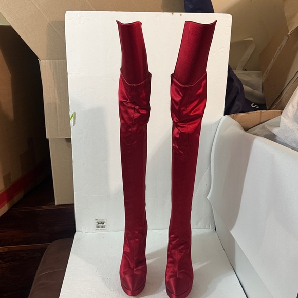 38.5/8❤️CHANEL Runway Red Satin Leather OVER THE KNEE HIGH HEEL Platform BOOTS - Picture 8 of 15